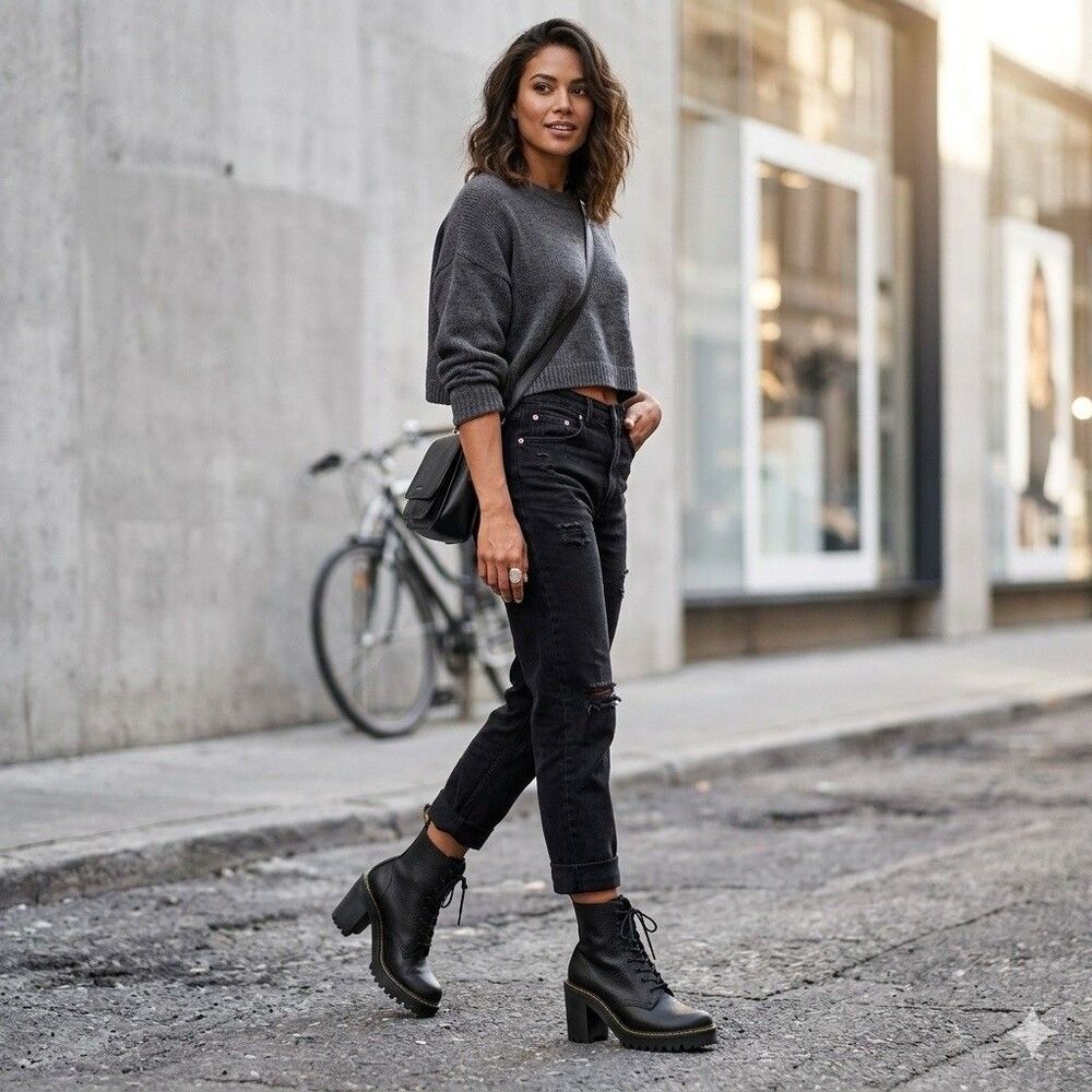 NEW Dr Martens Kendra Boots Black Pebble Leather Chunky High Heel Womens 10 EU42